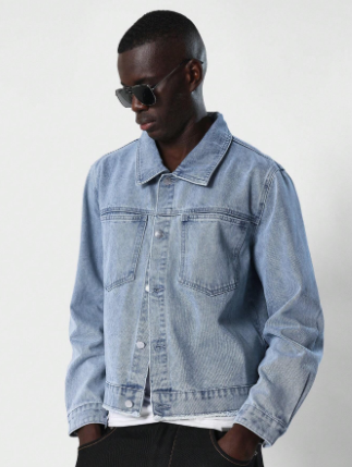 SUMWON Cropped Denim Jacket With Back Collar Embroidered Print