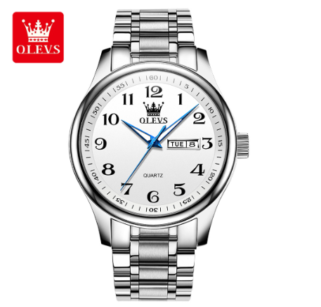 Olevs Watch For Men Quartz Original Waterproof Calendar Digital Face Movement Stainless Steel Band Authentic Fashion Watch WHITE DIAL SILVER STRAP