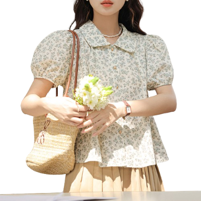 Lovito Women Casual Ditsy Floral Button Puff Sleeve Blouse L79AD102