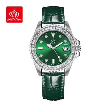 Fate Love Watch For Women Stainless Steel Leather Strap Watch GREEN DIAL SILVER CASE STRAP