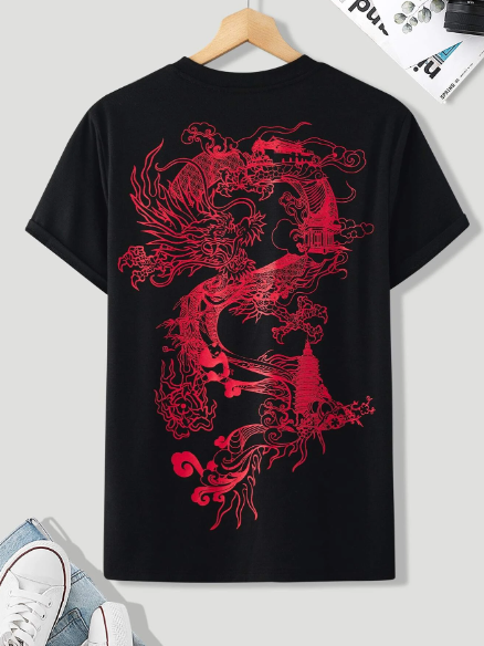 Manfinity EMRG Men T-Shirts Fit Crew Neck Short Sleeve Graphic Tee Chinese Dragon Summer Polyester