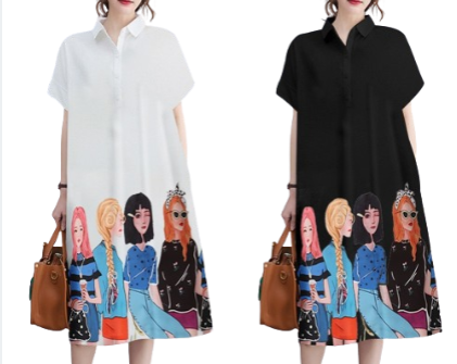 ZANZEA Women Cartoon Graphic Side Pockets Loose A-line Dress Turn-down Collar Short Sleeve Midi Dress