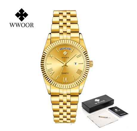 WWOOR Top Brand Fashion Watch Men Stainless Steel Luxury Waterproof Calendar Wristwatch Mens Watches ALL GOLD