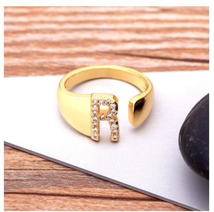 Fashion Chunky Wide Hollow A-Z Letter Gold Color Opening Ring Initials Name Alphabet Female Jewelry R