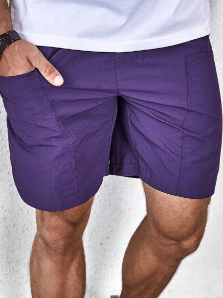 Manfinity Homme Men's Solid Color Drawstring Casual Shorts With Pockets, Summer ,Purple Shorts , Summer Shorts , Baggy