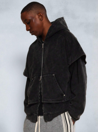 SUMWON Overhead Washed Mock Layered Zip-Up Hoodie