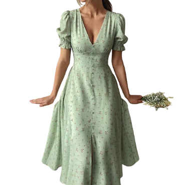 Lovito Women Button Front Lettuce Trim Dress LNE31054 (Multi-color)