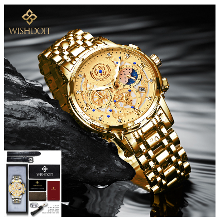 WISHDOIT Watch for Men Original Waterproof Stainless Steel Multifunction Chronograph Calendar Luminous Business Fashion Watch  ALL GOLD