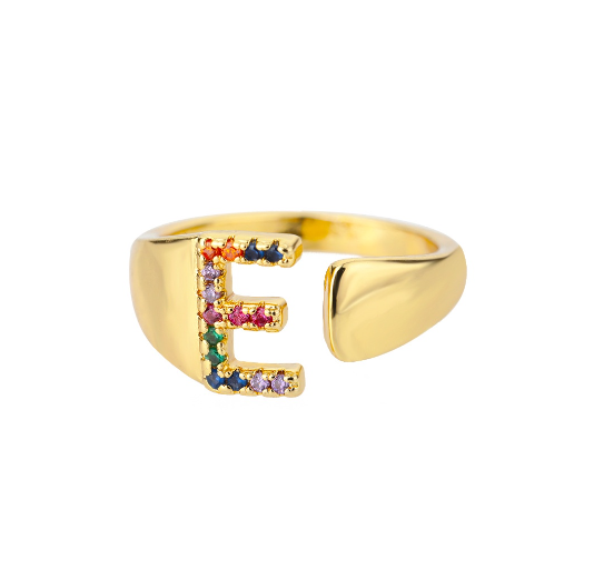 Maxzone Fashion Colorful Chunky Wide Letter A-Z Rings For Women Gold Opening Initial Letter Ring Femme Wedding Party Jewelry E