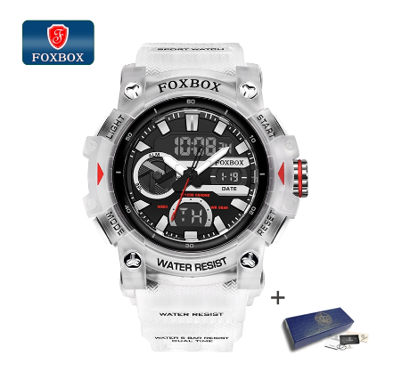 FOXBOX New Relo Digital Watch Men 2.16inch Big Dial Dual Display Outdoors Waterproof Sport Luminous Silicone WHITE