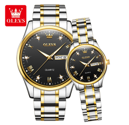 Olevs Couple Watch For Men And Women Original Waterproof Stainless Business Quartz Fashion Luminous Wrist Watch BLACK DIAL TWO TONE