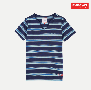 Bobson Japanese Ladies Basic Striped Round Neck T-Shirt for Women Trendy Relaxed Fit 123388 Navy