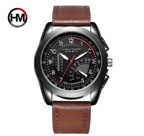 Hannah Martin Men's Sports Watch Luminous Leather Belt Quartz Watches 43mm Dial Waterproof Wristwatch BROWN WHITE