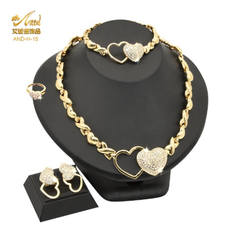 New 18K Gold Heart Jewelry Set Bridal Women Jewelry Necklace Ring Earring Bracelet