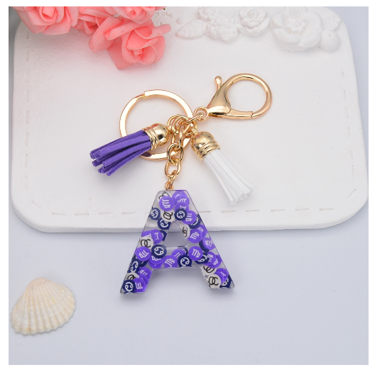 New 26 Letters Constellation Symbol Slice Resin Keychain Charms Women Handbag Ornaments With Tassel Key Ring Accessories Gift A