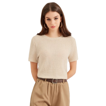 Lovito Casual Plain Basic Waffle Knit T-Shirt L30ED017 (Apricot)