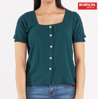 Bobson Japanese Ladies Basic Woven Plain Blouse for Women Trendy Fashion Boxy Fit 111536-U Green