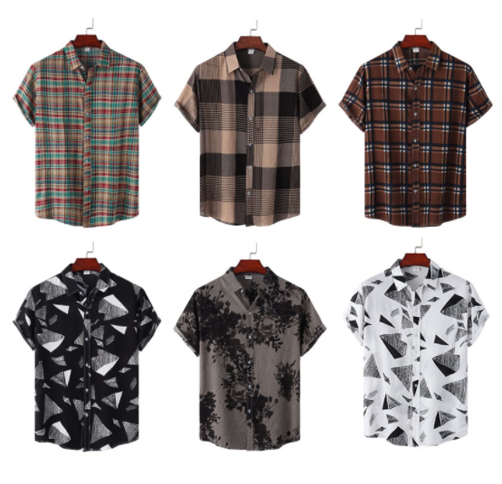 Plus Size Men's Stylish Cotton Casual Loose Striped\Geometric Printed\Checkered Short Sleeve Shirt Button Up Lapel Shirt