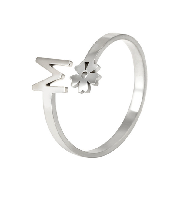 Stainless Steel A-Z Letter Ring For Women Girl Flower 26 Initial Name Adjustable Ring Trendy Birthday Jewelry Gift M
