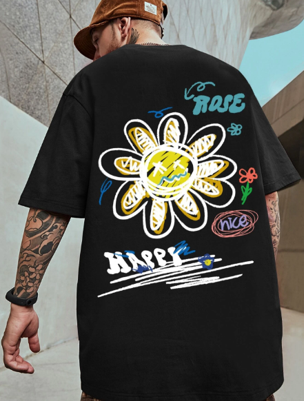 Manfinity EMRG Men T-Shirts Baggy Crew Neck Drop Shoulder Short Sleeve Graffiti Tee Colorful Street Summer Polyester