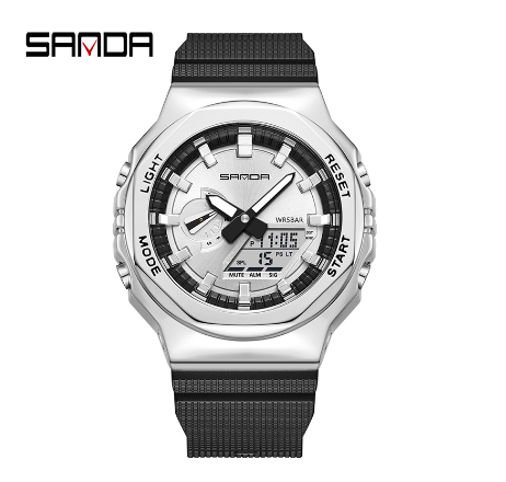 Sanda Men's Watch Luminous Multi-function Metal Luxury Fashion Men's Sports Watch BLACK SILVER