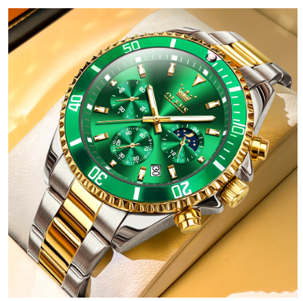 Olevs Fashion Watch For Men Quartz Authentic Water Proof Original Stainless Steel Business Calendar Chronograph Luminous Watch GREEN DIAL TWO TONE STRAP