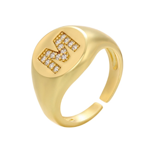 Maxzone A-Z Letter Hip Hop Gold Color Metal Finger Rings Adjustable Opening Ring Initials Name Alphabet Female Party Fashion Jewelry M