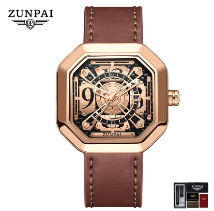 ZUNPAI Watch for Men's Original Waterproof Stainless Steel Leather strap Silver/Gold Fashion Luminous Watch ALL BROWN