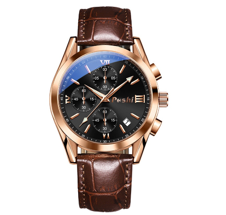 POSHI Men Watch Original Waterproof Exquisite High-End Sports Quartz Watches For Authentic Leather ROSEGOLD BLACK