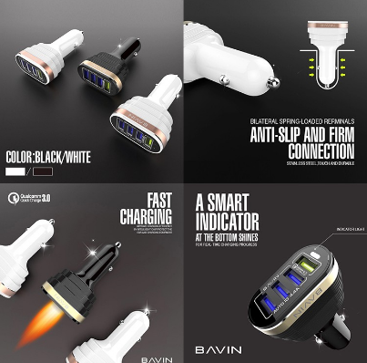 BAVIN 4.4A Car Charger 4 USB Port w/ 1 Slot 3.0 Qualcomm Quick Charge