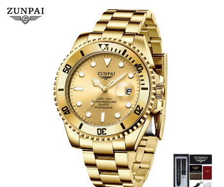 ZUNPAI Watch for Men Original Waterproof Stainless Steel Silver/Gold Fashion Business Trend Calendar Luminous Watch ALL GOLD