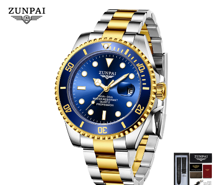 ZUNPAI Watch for Men Original Waterproof Stainless Steel Silver Gold Fashion Business Trend Calendar Luminous Watch  SILVER GOLD BLUE