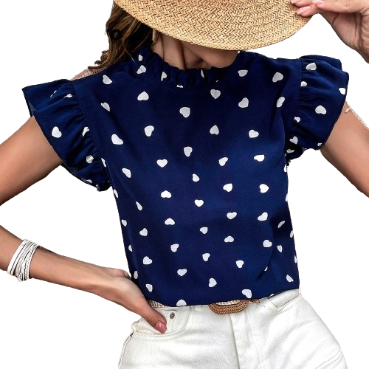 Lovito Women Elegant Heartshape Heart Ruffle Blouse LNL34004 (Navy Blue)