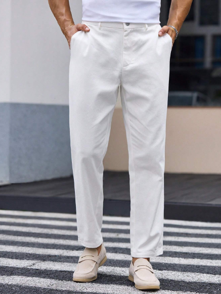 Manfinity Modomio Men's Woven Straight & Tapered Combined Design Mid-Waist Long Casual Pants, Perfect For Daily Wear, Summer