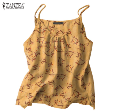 ZANZEA Women Pose Daily Leaf Print Dark Grid Print Sleeveless Casual Tanks