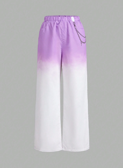 SHEIN Teenage Girl's Gradient Chained Decor Multi-Pocket Long Pants, Daily Casual Wear