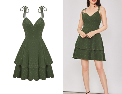 Lovito Women Casual Plain Structure Line Double Layer Lace Up Dress L65ED143 Dark Green