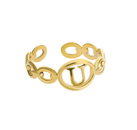 Kaijiang Hollow Initial Letter Rings For Women Gold Color Link Adjustable Open Ring Stainless Steel Jewelry Gift Fashion Accessories U
