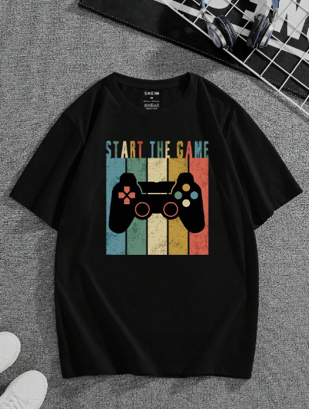 Men Cotton Gamepad & Letter Graphic Tee