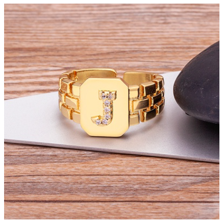 New Arrival Fashion Gold Color Initial Ring Open Design Adjustable Hot Sale A-Z Letters Zircon Rings For Women J