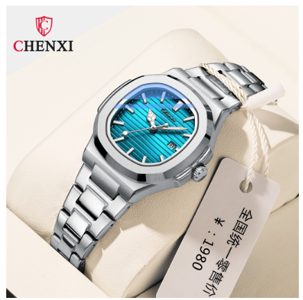 CHENXI watch for woman waterproof sale original 2023 new design stainless steel calendar luminous square Watch BLUE