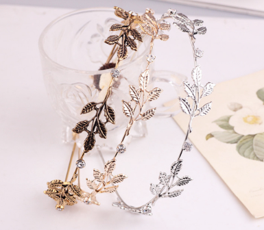 Korean Retro Women's Crystal Metal Leaves Headband Rhinestone Alloy Thin Hair Band Hair Accessories