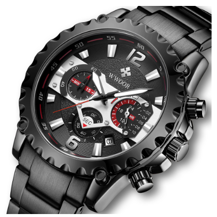 Wwoor Men Watch Stainless Steel Waterproof Original Quartz Battery Analog Wristwatch FULL BLACK