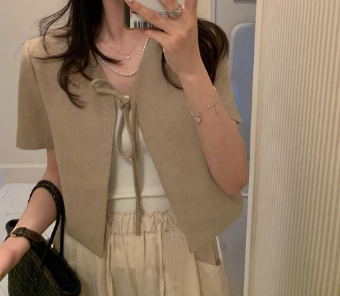 Lovito Women Casual Plain Lace Up Blazer LNA26109 Khaki