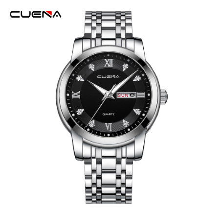 CUENA men's watch original brand luxury fashion business quartz waterproof  Watch SILVER BLACK