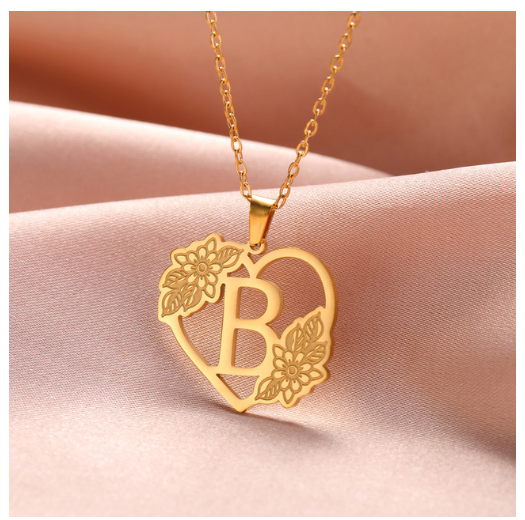 A-Z Initial Flower Necklace Women Stainless Steel Letter Heart Pendant Necklace Choker B