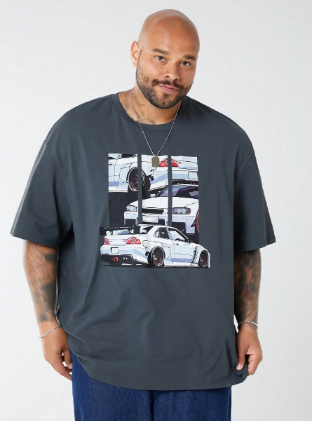 Manfinity CozeMod Men's Plus Size Casual Knitted Car Printed Loose Drop Shoulder Short Sleeve T-Shirt Suitable For Summer Daily Wear