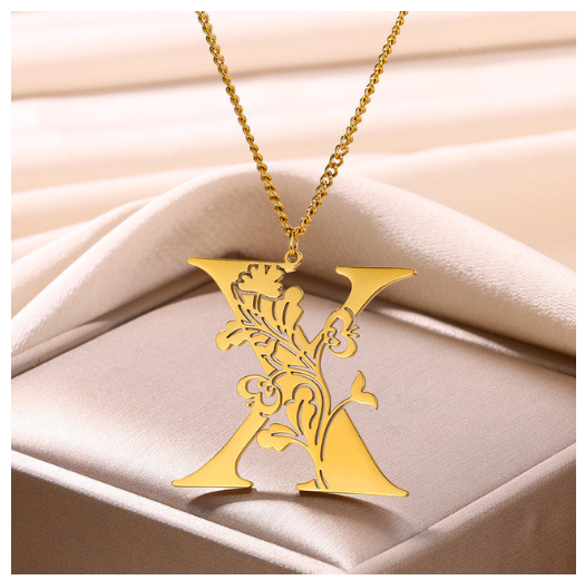 Beauty Flower A-Z Letter Necklaces for Women Men Stainless Steels Flower Initial Pendant Necklace X