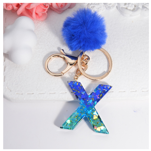 Exquisite Blue Pompom A-Z 26 Letter Keychain Glitter Heart Sequin Filled Initials Keyrings Bag Accessories Charm Car Keyholder X