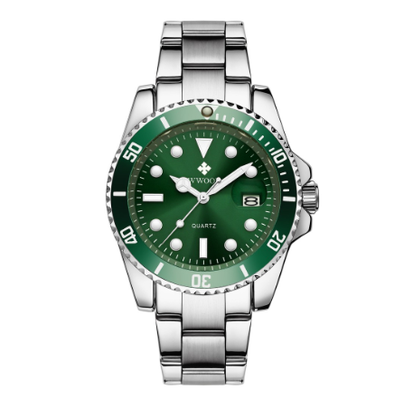 Wwoor Watch For Men Waterproof Quartz Wristwatch Stainless Steel Watches GREEN DIAL SILVER CASE STRAP